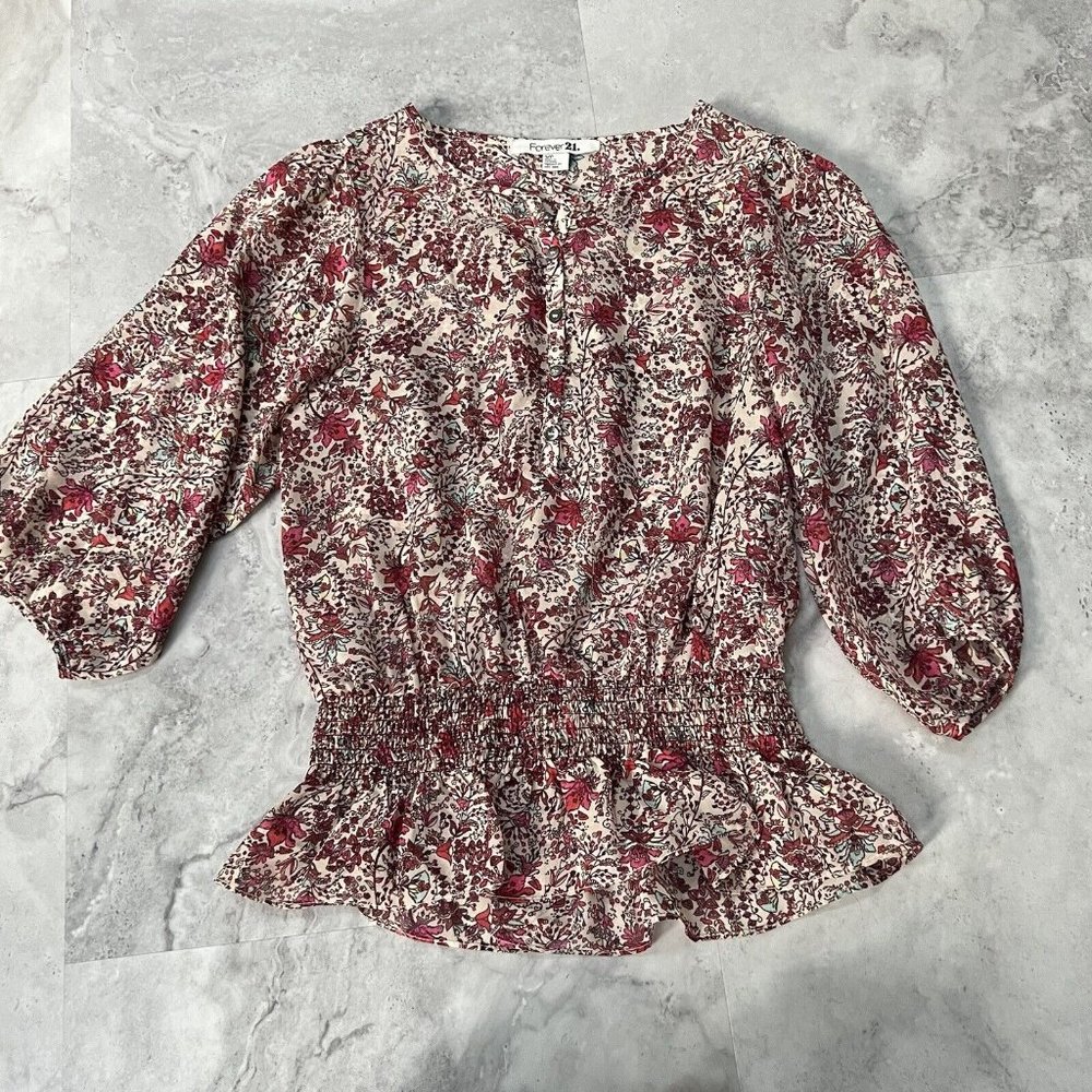 Forever 21 Blouse Women's Sz Small S Blush Pink Floral Flowy Sheer‎ Chiffon